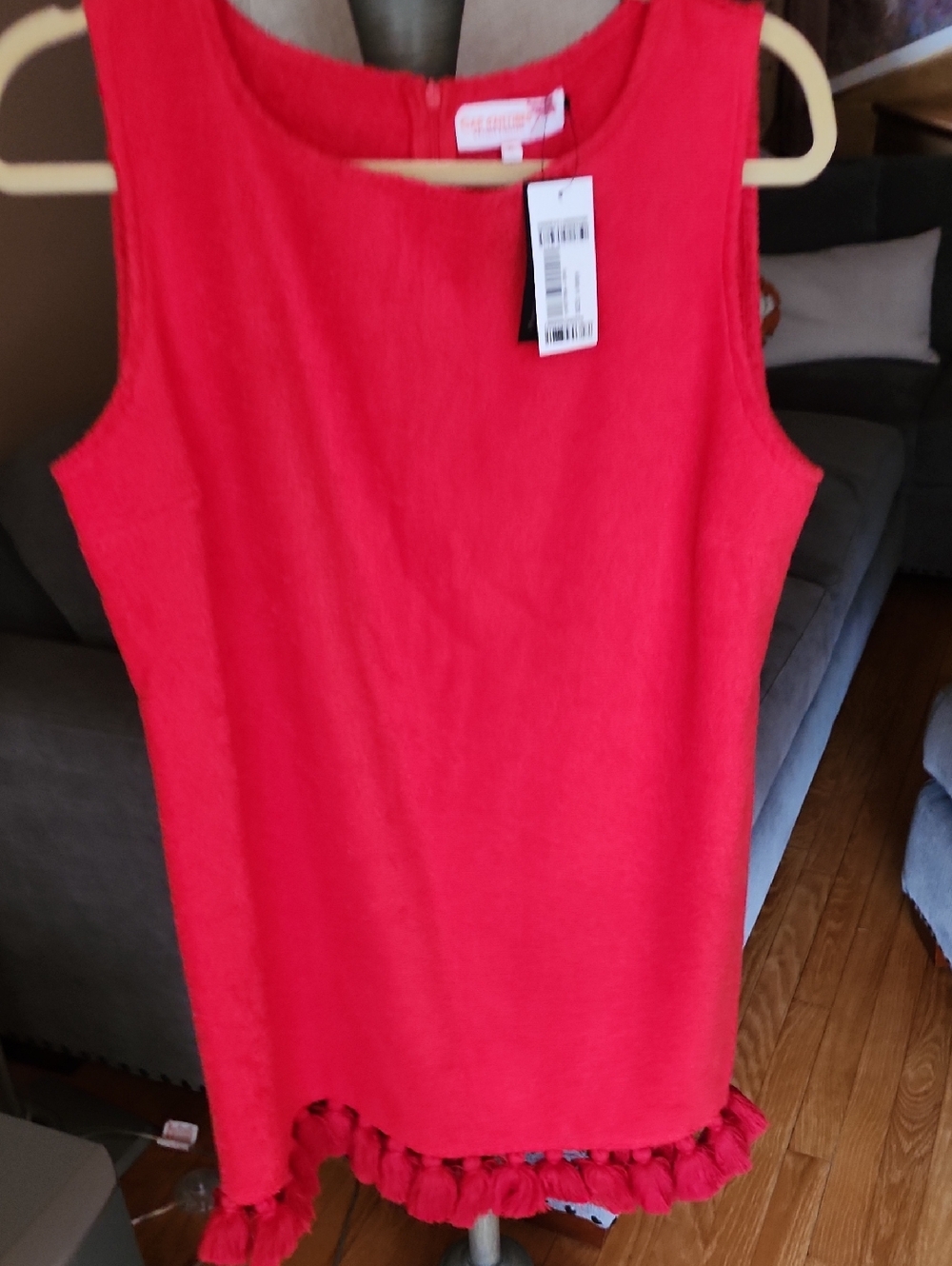 Sleeveless Red Shift Tunic with Fringe Hem